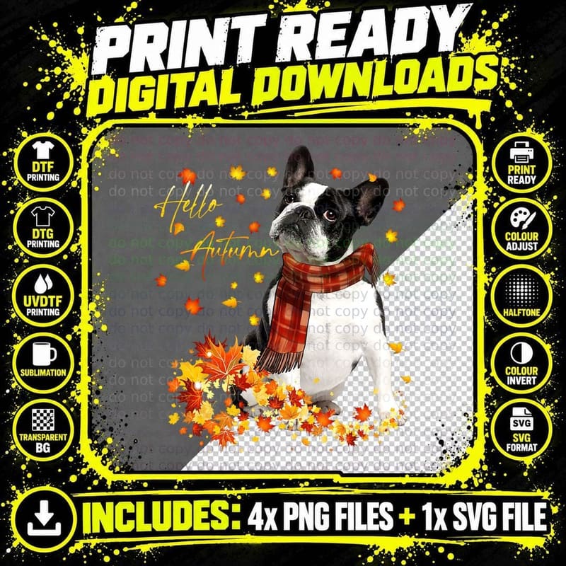 Boston Terrier Leaf Fall Hello Autumn for Dog Lover Png SVG Digital Bundle