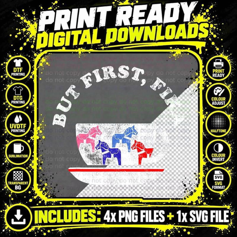But First Fika Scandinavian Coffee Break Dala Horse Png SVG Digital Bundle