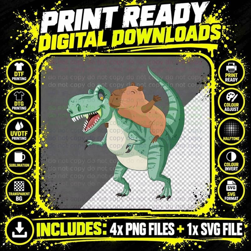 Capybara Riding Trex Dinosaur Boys Girls Fun Capy Pet Png SVG Digital Bundle