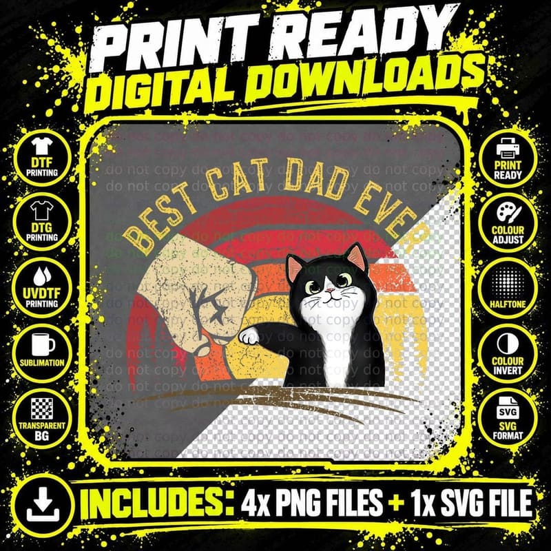 Cat Daddy Father's Day Cat Dad, Retro Best Cat Dad Ever Png SVG Digital Bundle