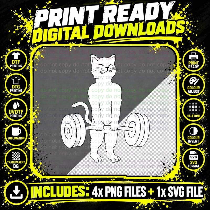 Cat Deadlift Powerlifting Kitty Weightlifting Cat Png SVG Digital Bundle