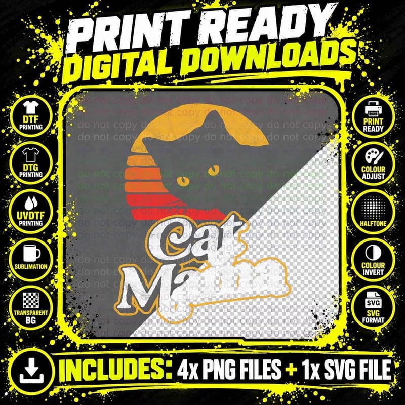 Cat Mama Vintage Eighties Style Cat Retro Distressed Png SVG Digital Bundle