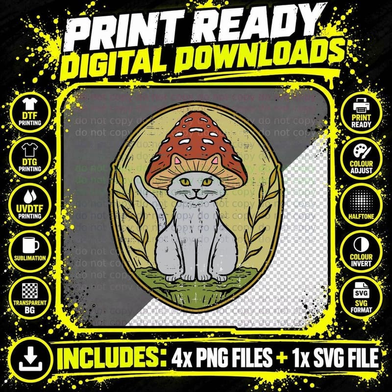 Cat Mushroom Vintage Cottagecore Aesthetic Men Women Png SVG Digital Bundle