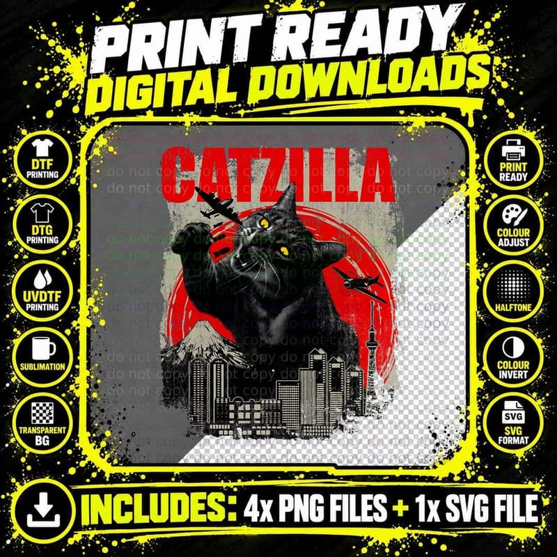 Catzilla - Funny Cat Lover Kitten Kitty Short Sleeve Png SVG Digital Bundle