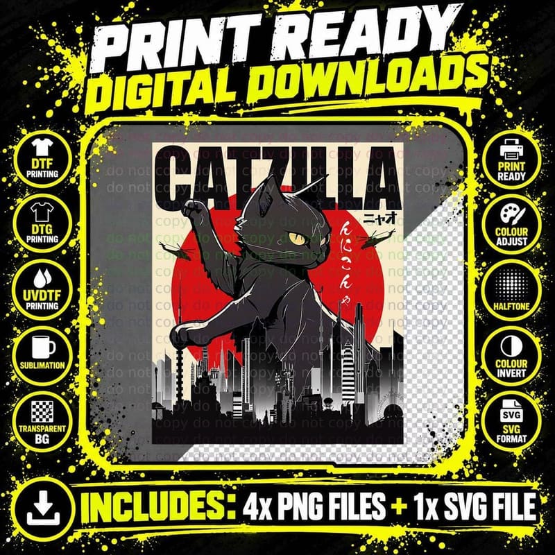 Catzilla Funny Cat, Funny Cat Lover T-Shirt Png SVG Digital Bundle