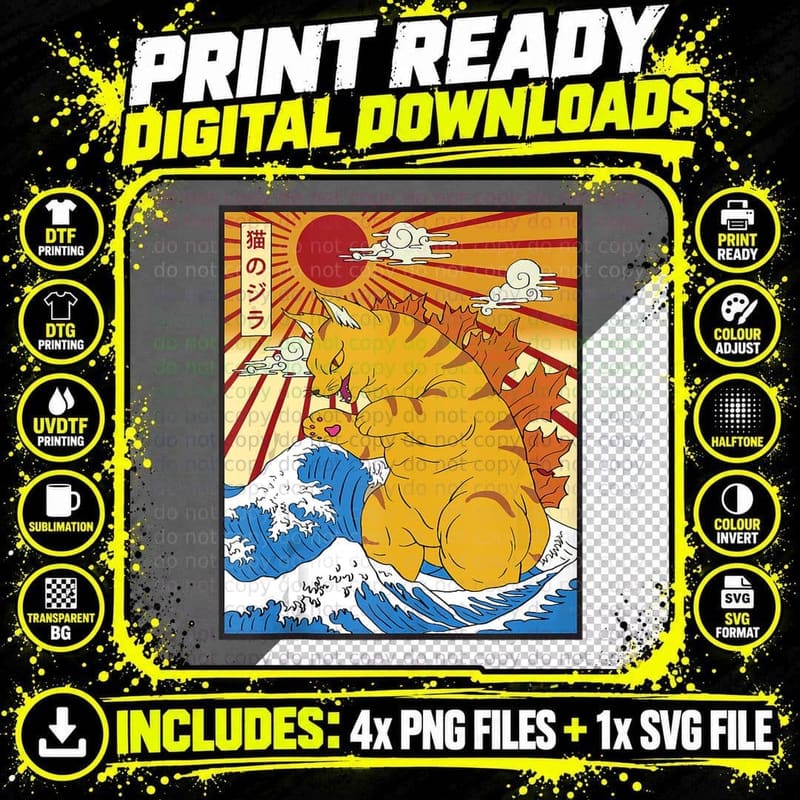 Catzilla Vintage Funny Cute Cat Art Japanese Sunset Png SVG Digital Bundle