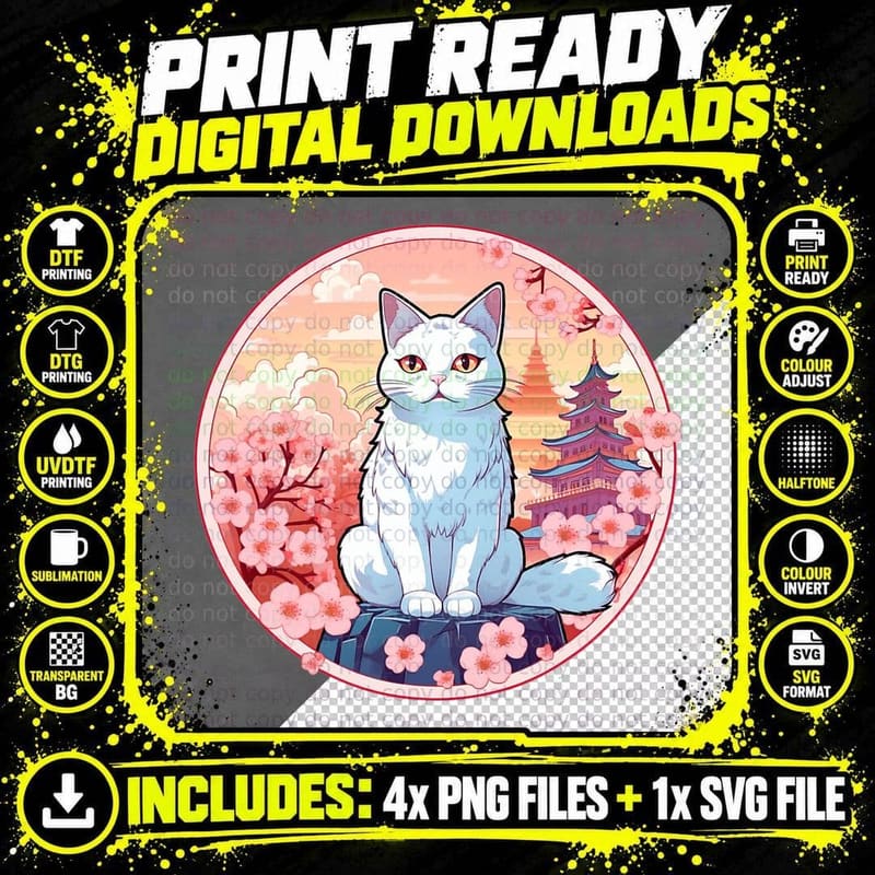 Cherry Blossom Cat Vintage Japanese Aesthetic Graphical Png SVG Digital Bundle