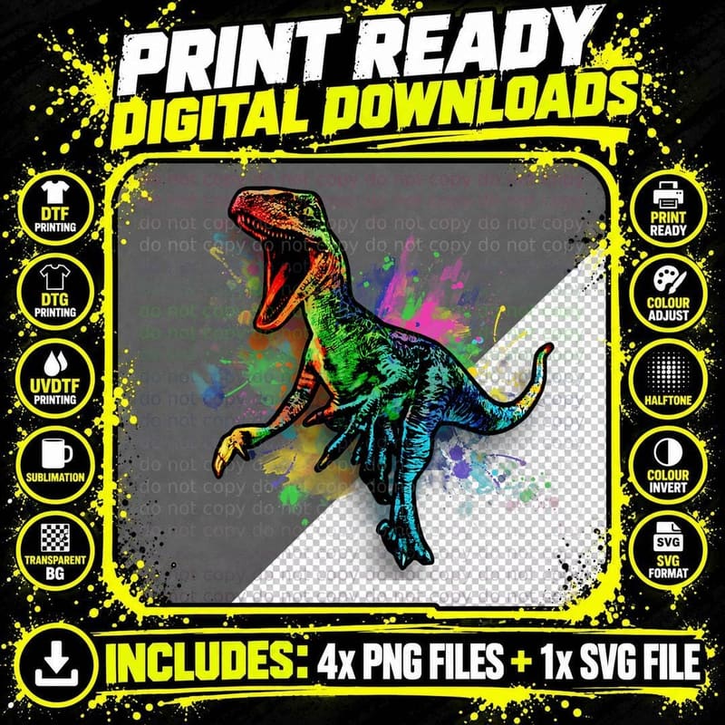 Colorful Retro Raptor Dinosaur Gear for Men Png SVG Digital Bundle