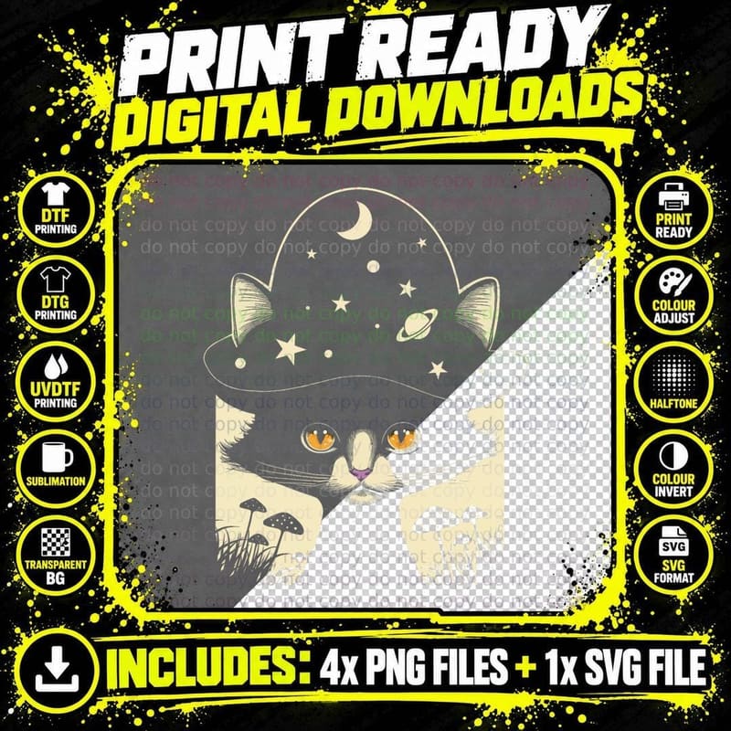 Cottagecore Aesthetic Cat Mushrooms, Moon Png SVG Digital Bundle