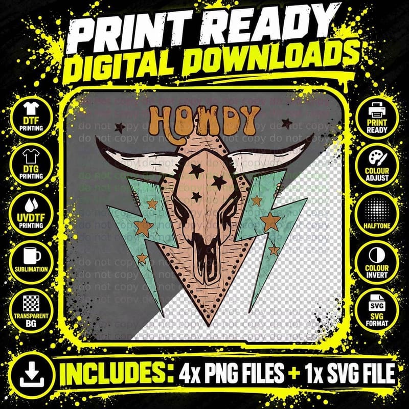 Cow Skull Howdy Western Punchy Vintage for Women Boy Png SVG Digital Bundle