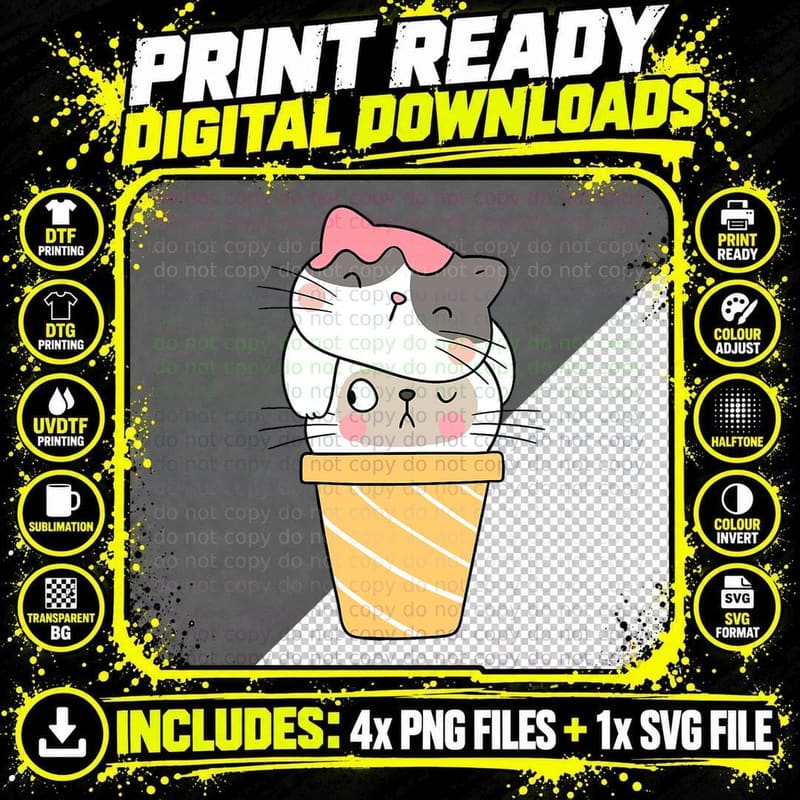 Cute Cat Ice Cream Cat Dessert Summer Funny Kitten Lover Png SVG Digital Bundle