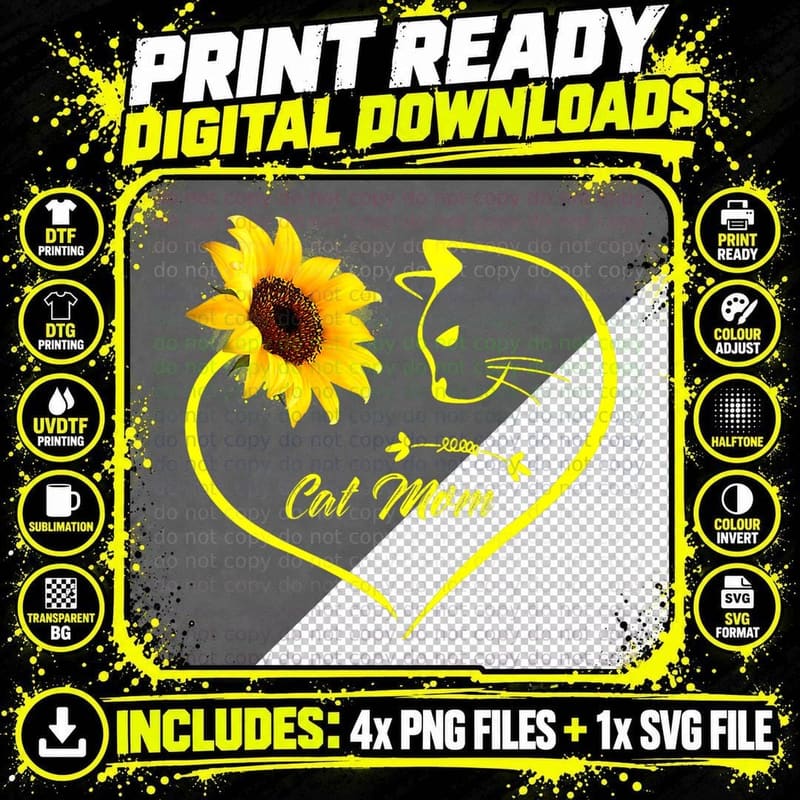 Cute Cat Mom Sunflower Heart Love Mors Day Cat Lover Png SVG Digital Bundle