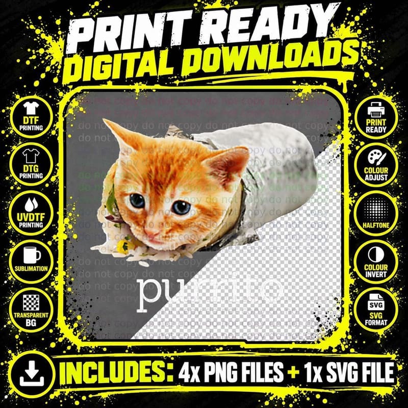 Cute Funny Kitten Cat Purrito Burrito Pun T-Shirt Png SVG Digital Bundle
