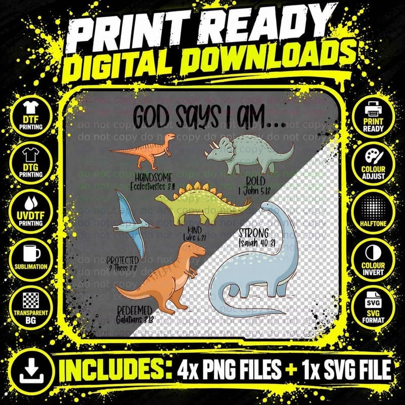Cute God Says I Am Vintage Dinosaur Funny Christian for Png SVG Digital Bundle