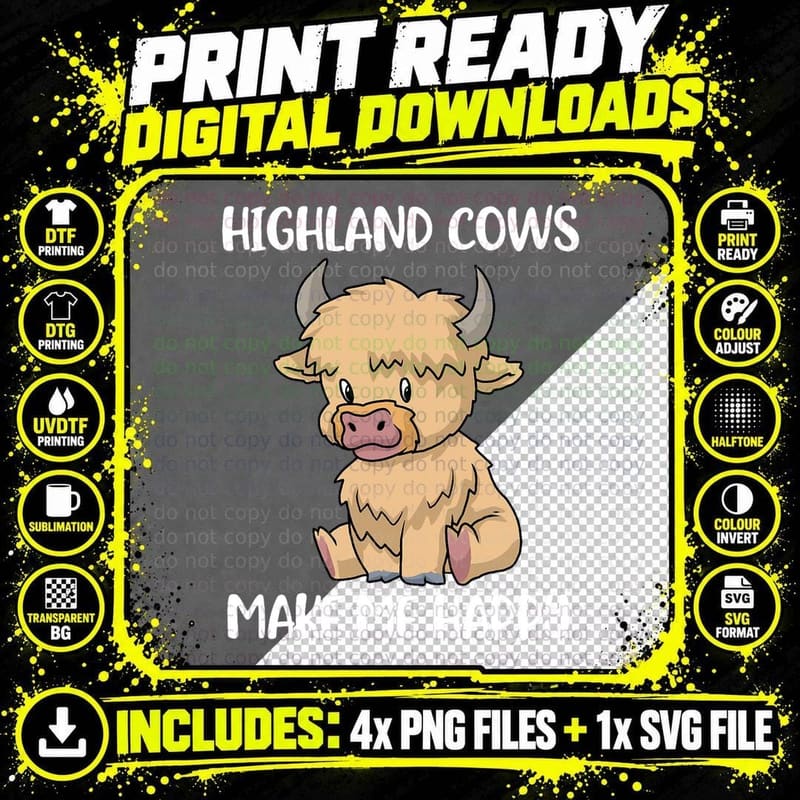 Cute Highland Cow Shirt Spirit Animal Cow Gift Messy Png SVG Digital Bundle