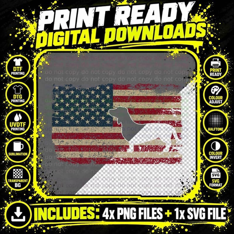 Dachshund America Flag Patriotic Weiner Dog Gift T-Shirt Png SVG Digital Bundle