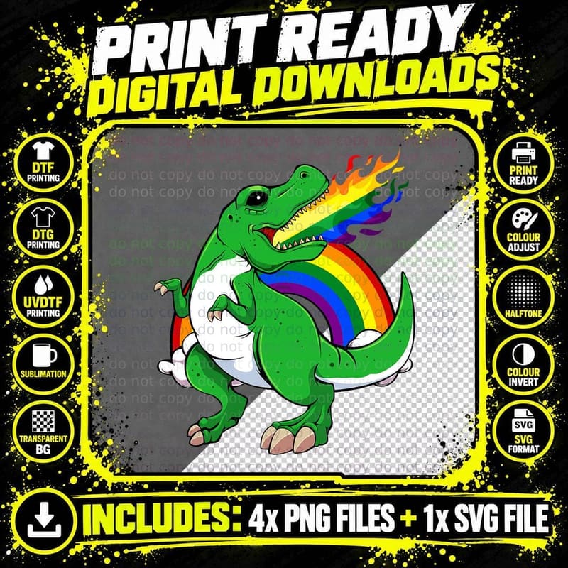 Dinosaur Rainbow Flag LGBT-Q Cute T-Rex Gay Prde Ally Png SVG Digital Bundle