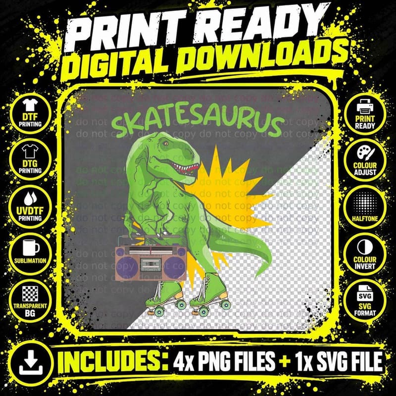 Dinosaur Roller Skater T-Rex Skates Disco Roller Skating Png SVG Digital Bundle