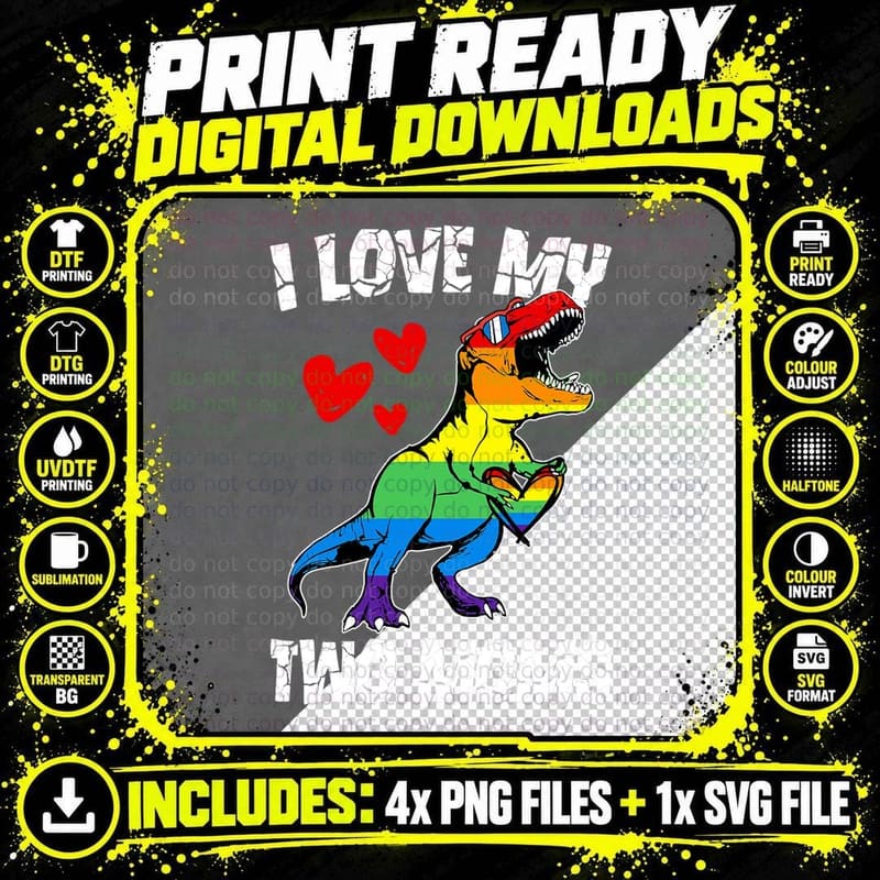 Dinosaur T Rex LGBT Pride Flag I Love My Two Moms Girls Png SVG Digital Bundle