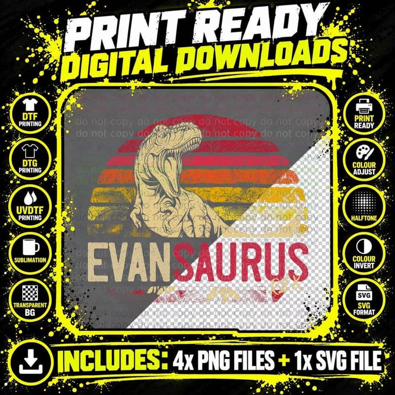 Evan Saurus Funny Personalized Dinosaur T Rex Name Boys Png SVG Digital Bundle