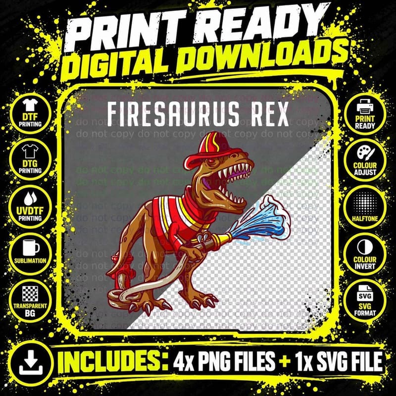 Firefighter T Rex Dinosaur Kids Gifts for Fireman Boys Png SVG Digital Bundle