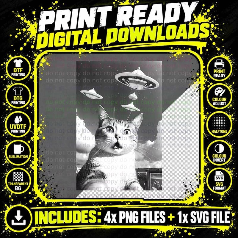 Flying Saucer Selfie Cat UFO Cat S for Men Png SVG Digital Bundle