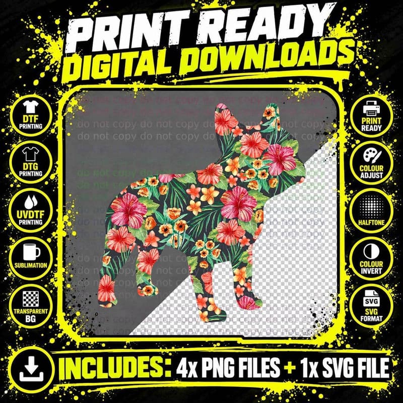 French Bulldog Flower T Floral Frenchie Dog Silhouette Png SVG Digital Bundle