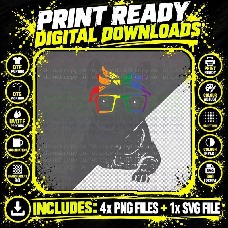 French Bulldog Frenchie Dog LGBTQ Rainbow Flag Gay Pride Png SVG Digital Bundle