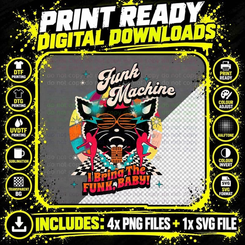 Funk Machine Groovy Cat 60s Disco 70s Soul Retro Music Png SVG Digital Bundle