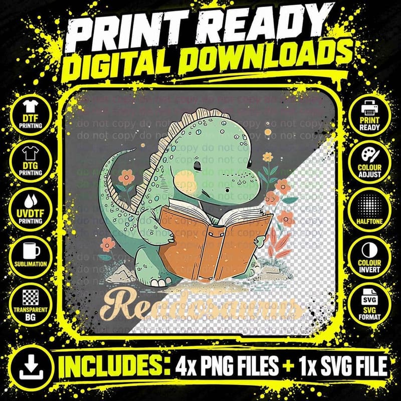 Funny Book Readosaurus Dinosaur Books Library Reading Png SVG Digital Bundle