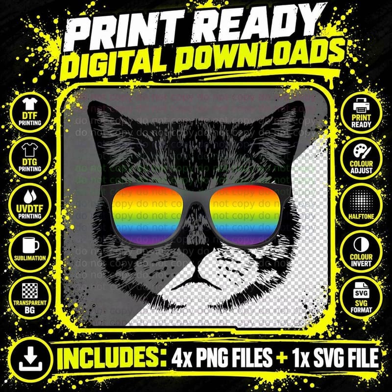 Funny Cat Gay Pride Rainbow Sunglasses Men Women Png SVG Digital Bundle