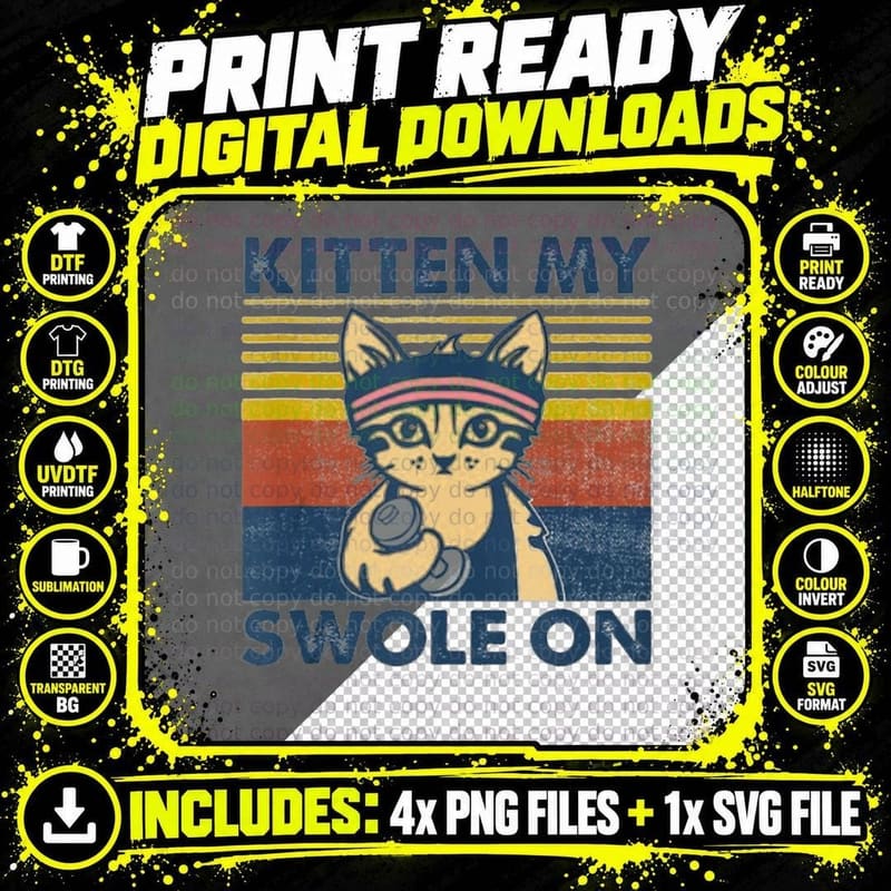 Funny Cat Kitten My Swole on Workout Cat Lover Retro Png SVG Digital Bundle