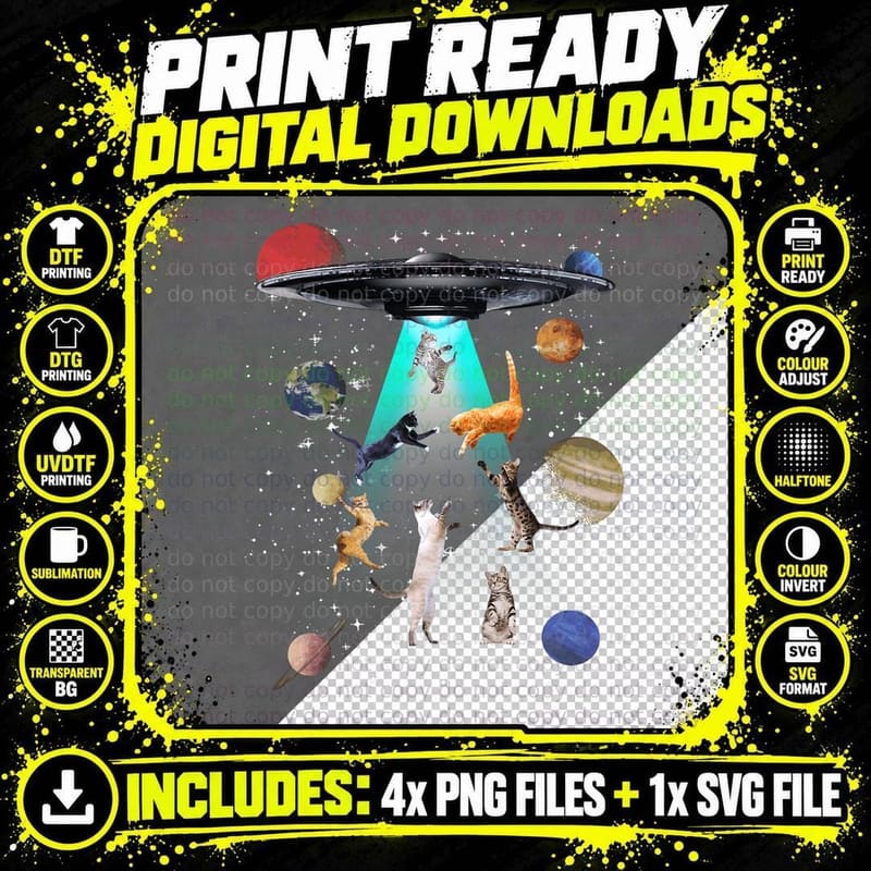 Galaxy Cat Tee, Cat UFO Tee, Funny Cat Tee Png SVG Digital Bundle