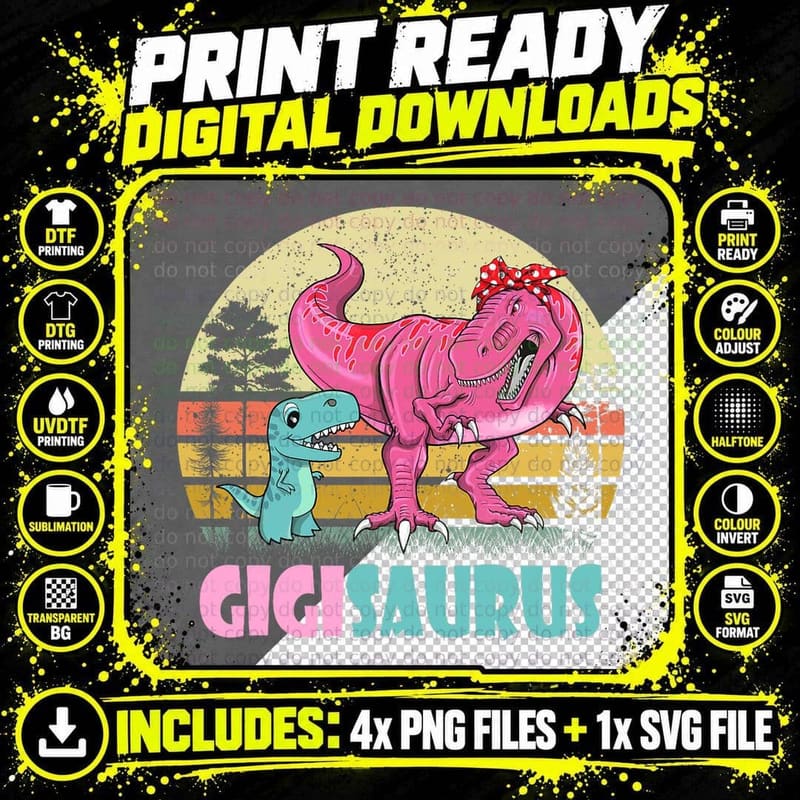 Gigisaurus Retro T Rex Dinosaur Gigi Saurus Family Png SVG Digital Bundle