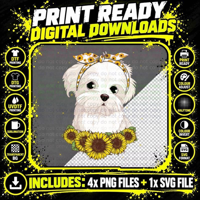 Girls Women Mom Maltese Dog Sunflower Puppy Mothers Day Png SVG Digital Bundle