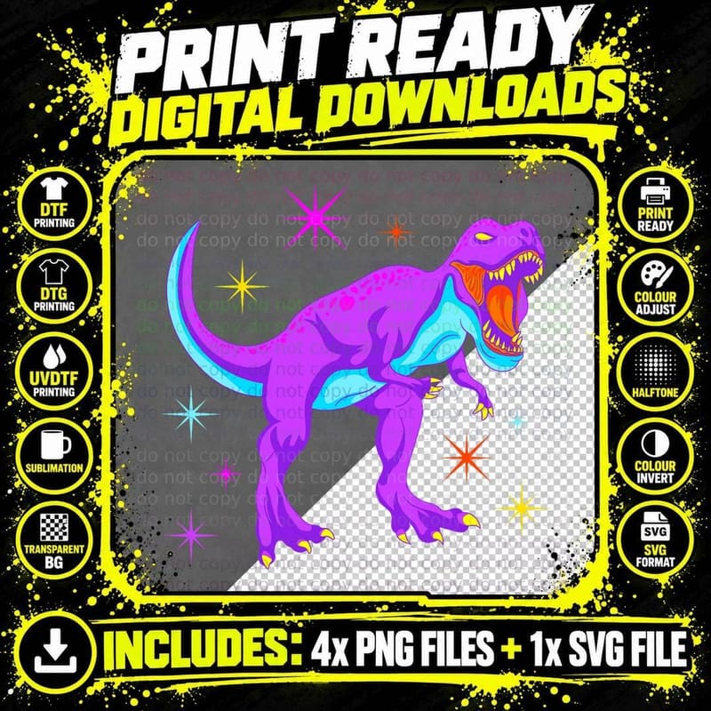Glow Party Dinosaur Neon Lights Party Lover T-Shirt Png SVG Digital Bundle