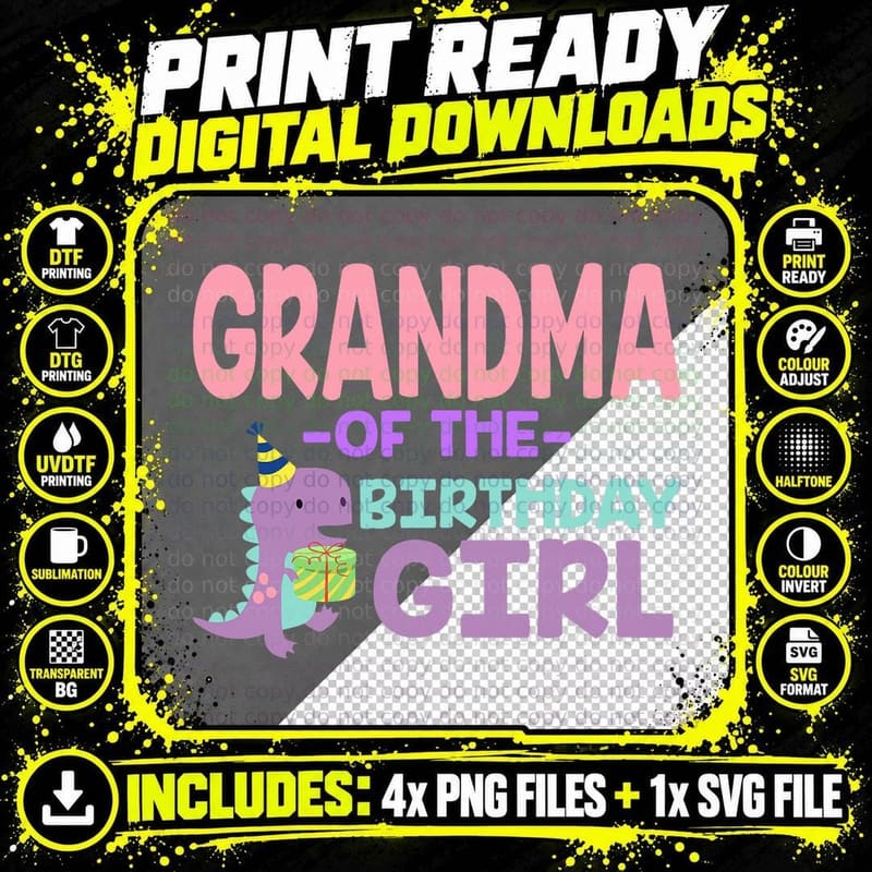 Grandma of the Birthday for Girl Saurus Rex Dinosaur Png SVG Digital Bundle