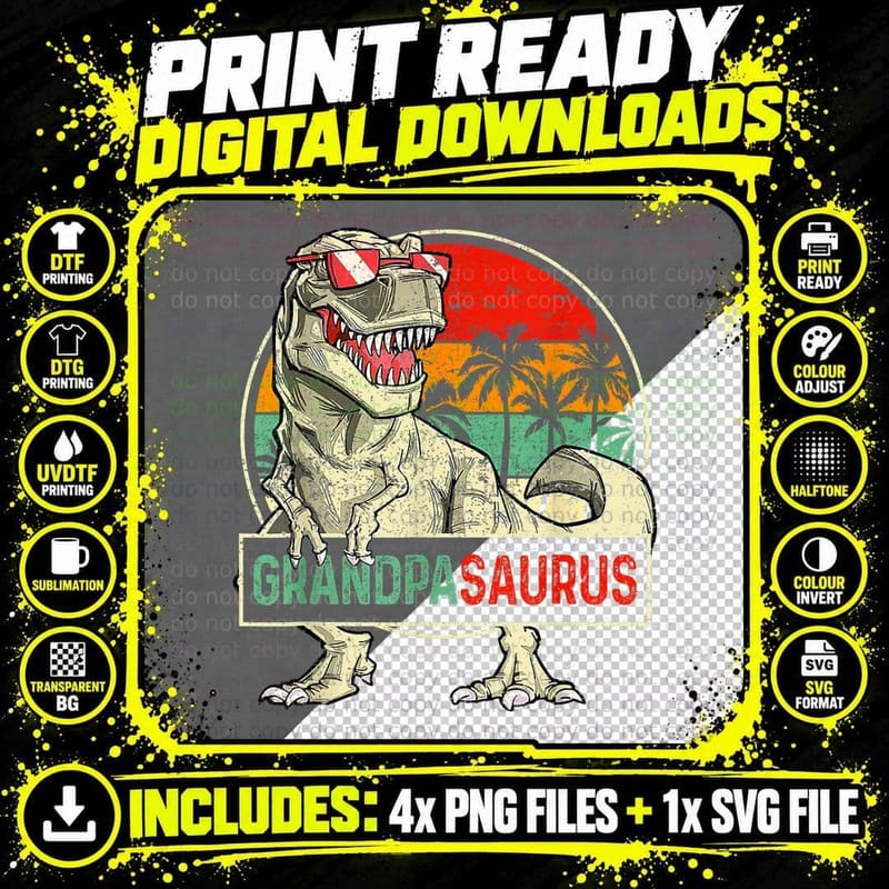 Grandpa Saurus Funny T Rex Dinosaur Fathers Day Vintage Png SVG Digital Bundle