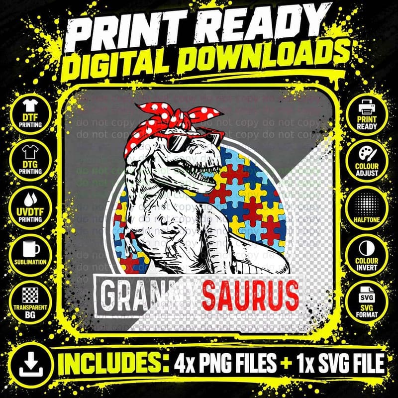 Grannysaurus T Rex Dinosaur Granny Saurus Autism Png SVG Digital Bundle