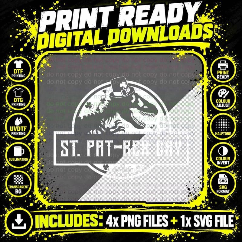 Happy St Pat T-Rex Saint Patrick's Day Dinosaur T-Shirt Png SVG Digital Bundle