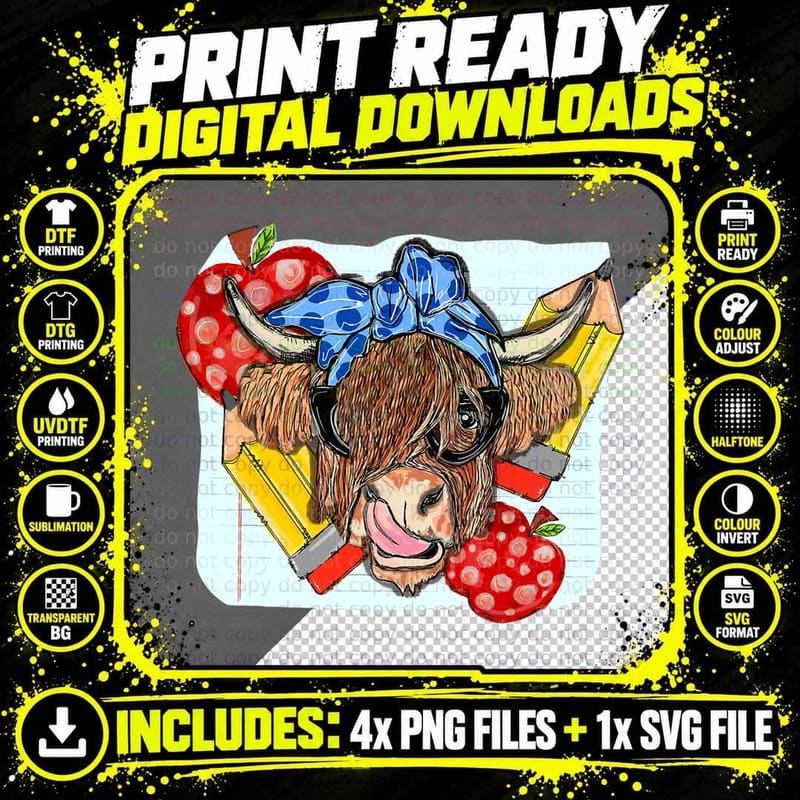 Highland Cow Teacher Western Country Funny Teacher Life Png SVG Digital Bundle