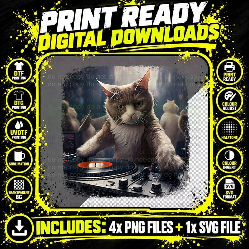 House DJ Cat Kitty Disco Rave Kitten Meowica T-Shirt Png SVG Digital Bundle