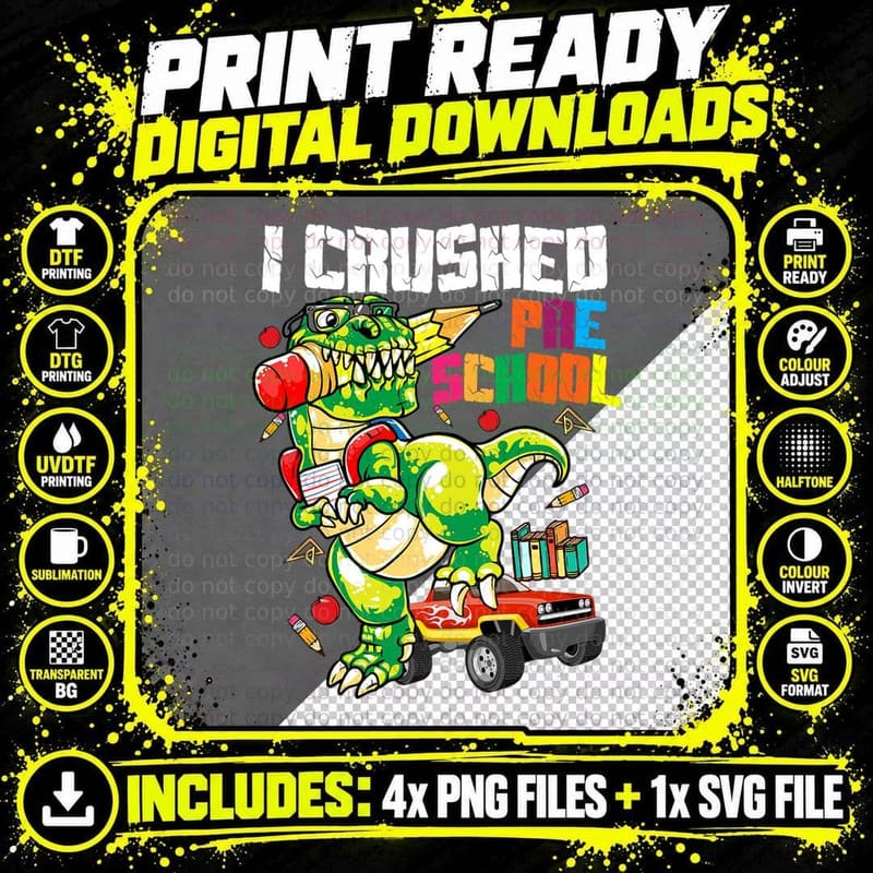 I Crushed Preschool Dinosaur T Rex Kids Class Graduation Png SVG Digital Bundle