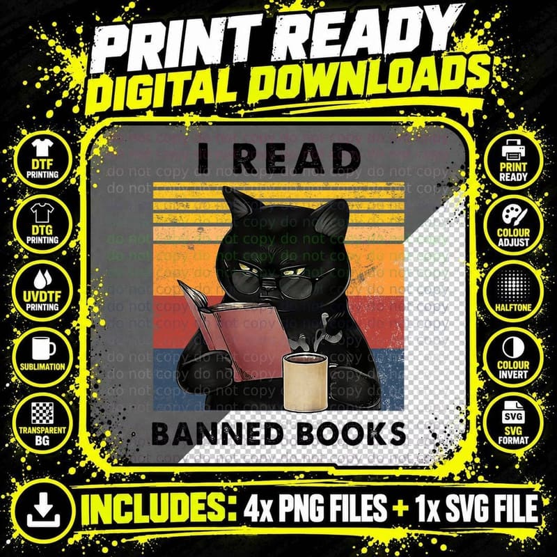 I Read Banned Books Bookworms Vintage Black Cat Reading Png SVG Digital Bundle
