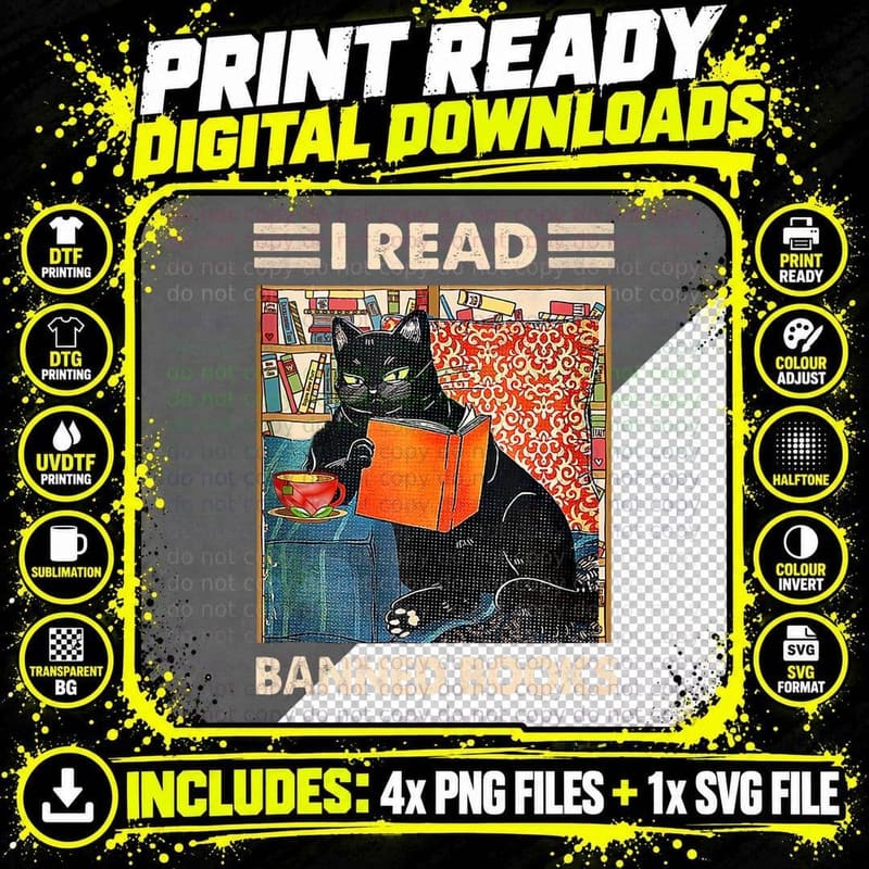 I Read Banned Books Funny Black Cat Reader Bookworm Png SVG Digital Bundle