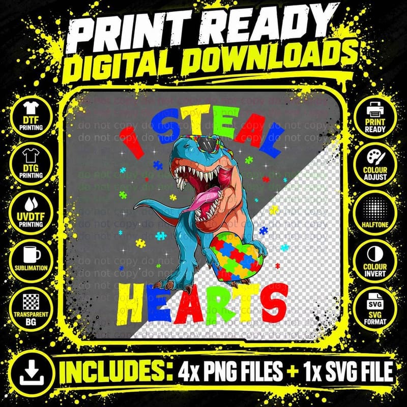 I Steal Hearts Dinosaur Autism Awareness Kids Boys Png SVG Digital Bundle