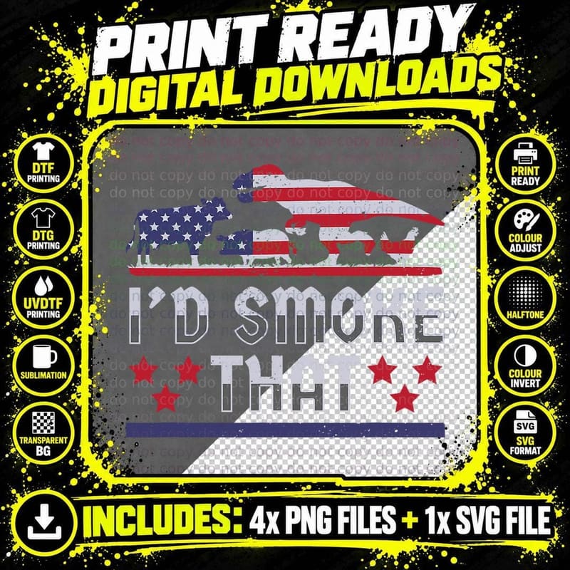 I'd Smoke That BBQ Barbeque Patriot Dinosaur T-Rex Mens Png SVG Digital Bundle