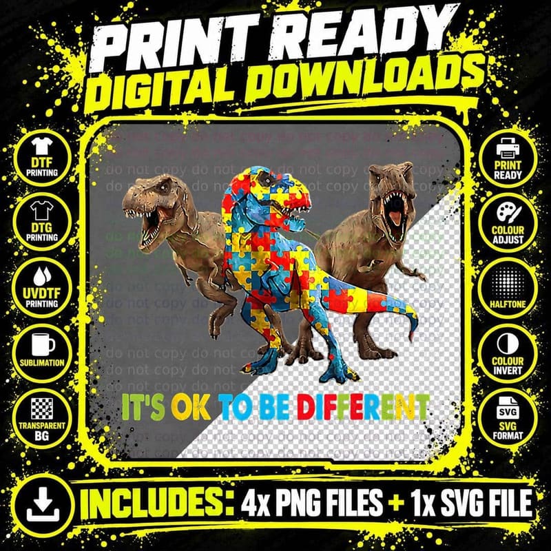 Its Ok to Be Different Autism Awareness T Rex Dinosaur Png SVG Digital Bundle