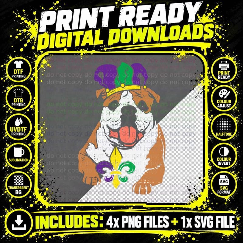 Jester English Bulldog Mardi Gras Funny Dog Men Women Png SVG Digital Bundle