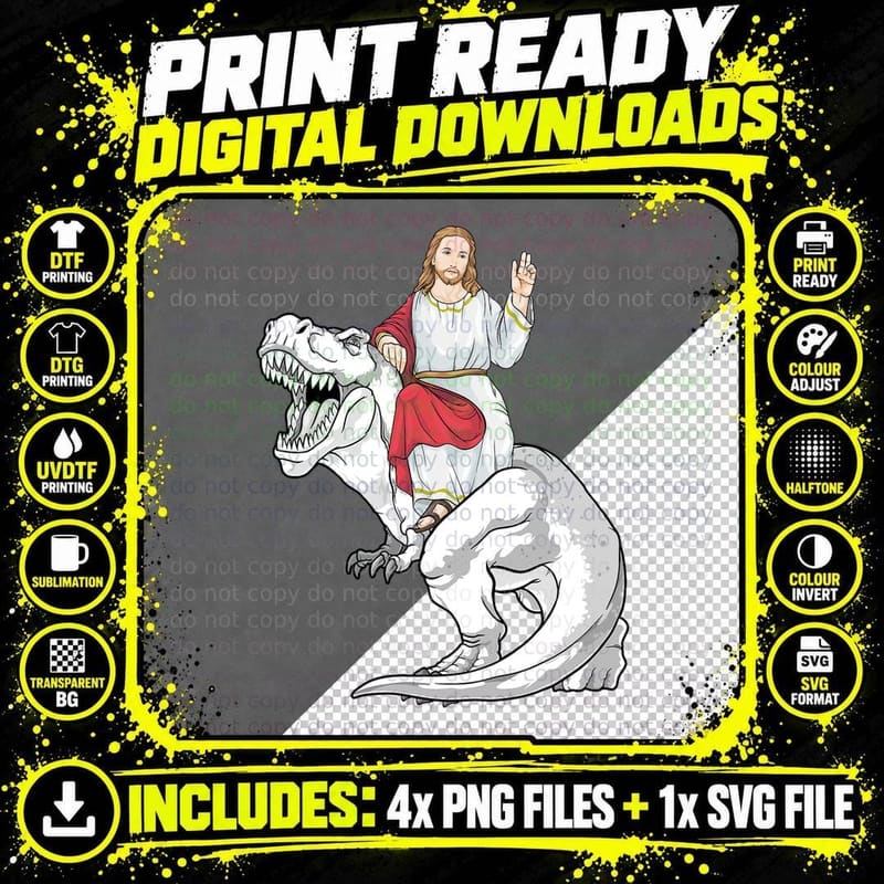 Jesus Riding Dinosaur T Rex Jesus Christ Cute Christian Png SVG Digital Bundle
